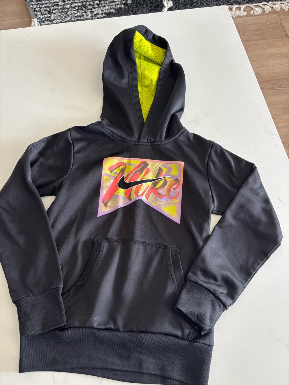 Nike Black Kids' Hoodie with Neon Yellow Lined Hood and Multicolor Logo